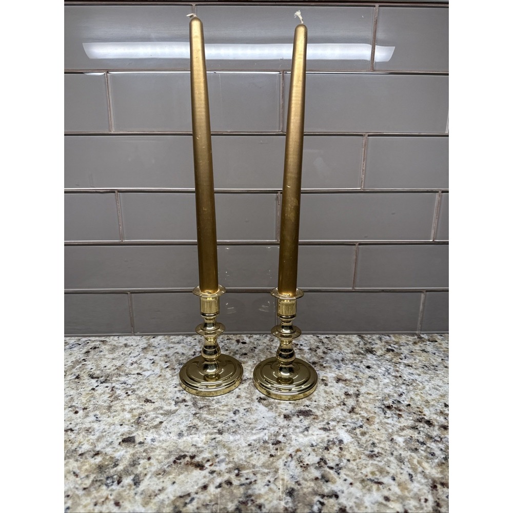 Baldwin Brass 5 Inch Candlestick Set With 12 Inch Gold Candles Great 4 Holidays